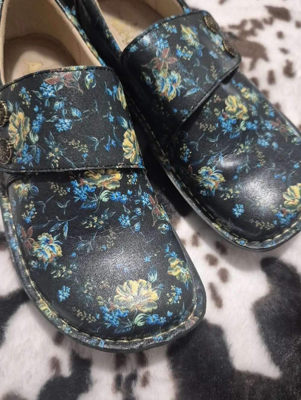 Alegria Black Floral Slip-On Loafers with Yellow & Blue Accents Shoes..Size:38
